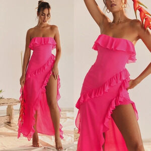 HOUSE OF‎ CB 'Sarina' Fuchsia Ruffle Maxi Dress NWOT size L